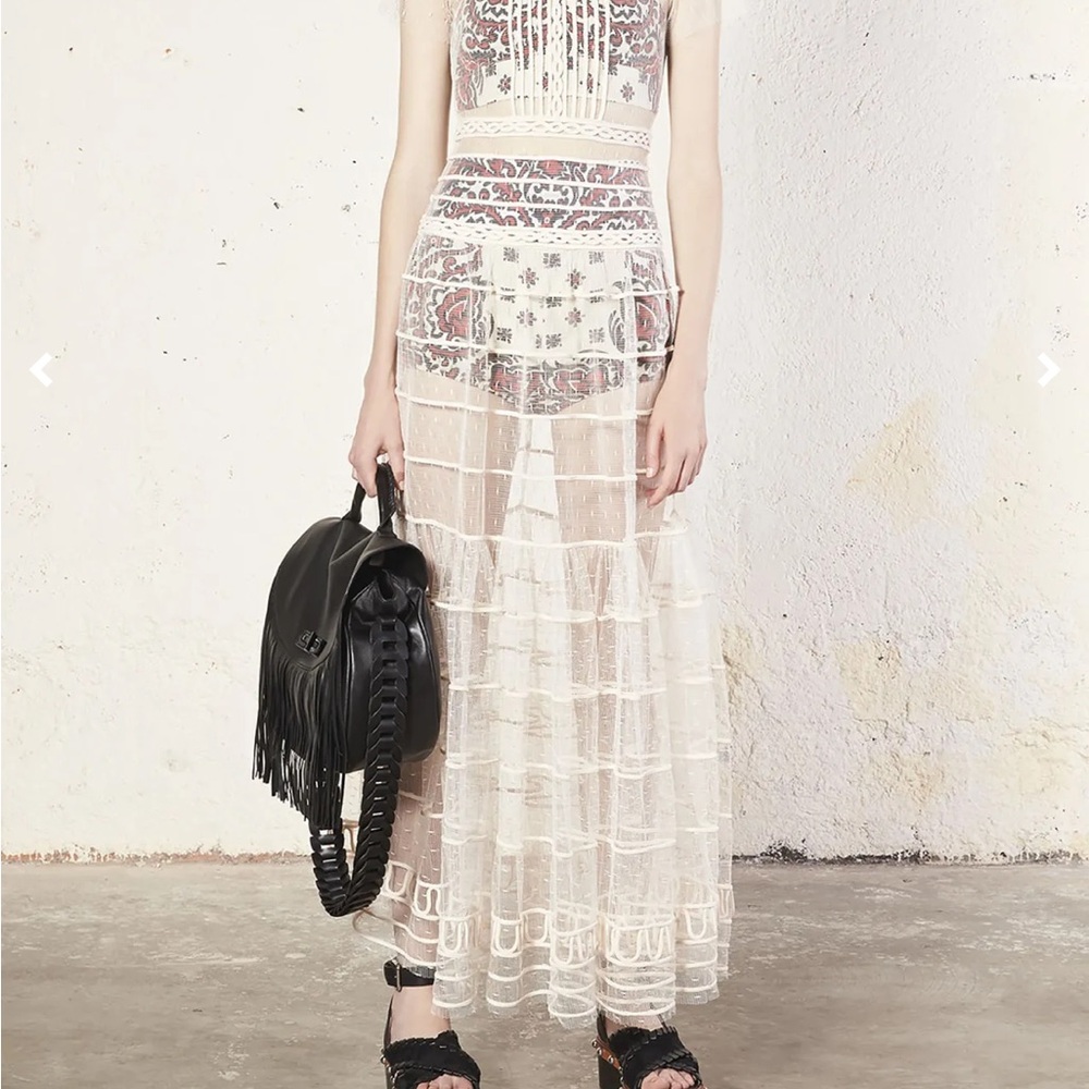 RED Valentino White Dress with Sheer Stripes and Ruffled Tiers